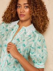 Love & Roses Mint Green Geo Print Lace Collar Short Sleeve Button Through Shirt - Image 4 of 4