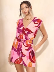 Lipsy Purple Crinkle Printed Cap Sleeve Playsuuit - Image 1 of 4