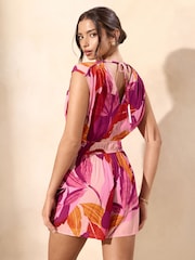 Lipsy Purple Crinkle Printed Cap Sleeve Playsuuit - Image 4 of 4