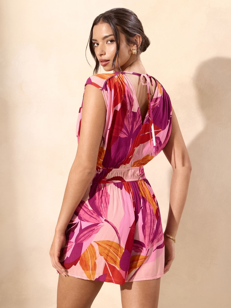 Lipsy Purple Crinkle Printed Cap Sleeve Playsuuit - Image 4 of 4