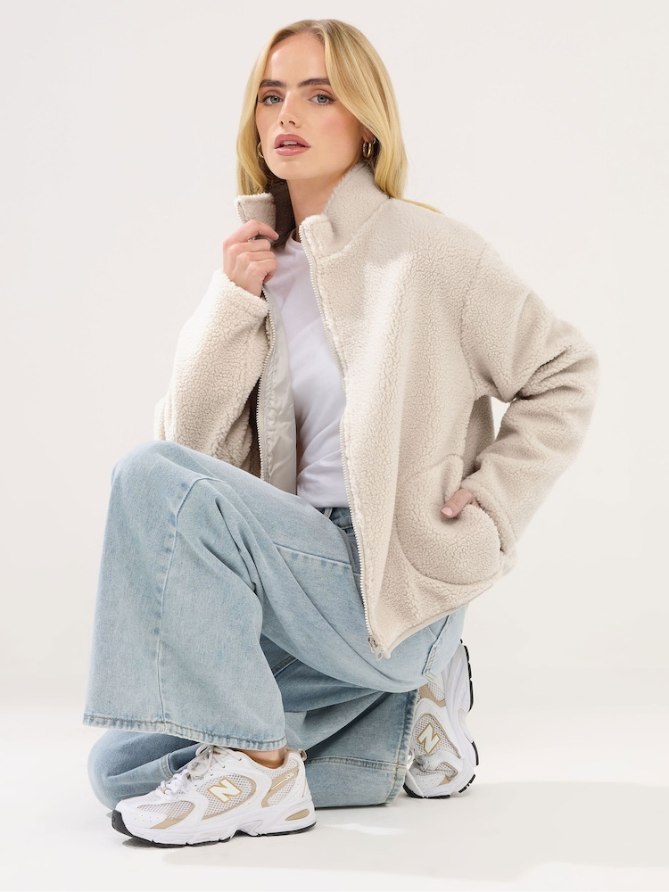 PixieGirl Petite Natural Zip Through Borg Jacket - Image 1 of 5 PixieGirl Petite Natural Zip Through Borg Jacket - Image 1 of 5