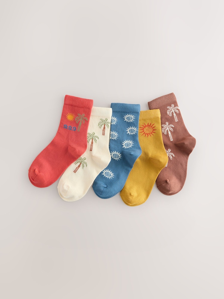 Rust/Ecru Palms Character Cotton Rich Socks 5 Pack - Image 1 of 3