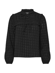PixieGirl Petite Black Tie Neck Crinkle Crochet Long Sleeve Top - Image 1 of 1