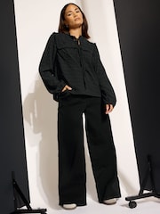 PixieGirl Petite Black Tie Neck Crinkle Crochet Long Sleeve Top - Image 2 of 6