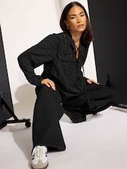 PixieGirl Petite Black Tie Neck Crinkle Crochet Long Sleeve Top - Image 3 of 6