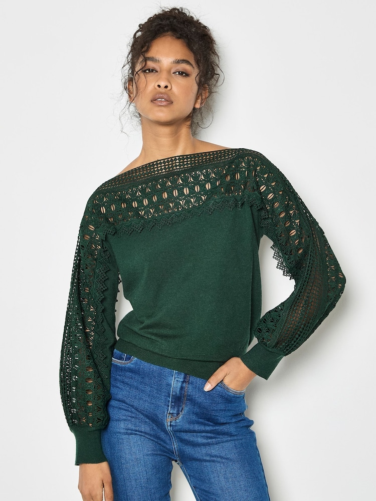 Apricot Green Lace Neck And Sleeve Detail Jumper - Image 1 of 4 Apricot Green Lace Neck And Sleeve Detail Jumper - Image 1 of 4