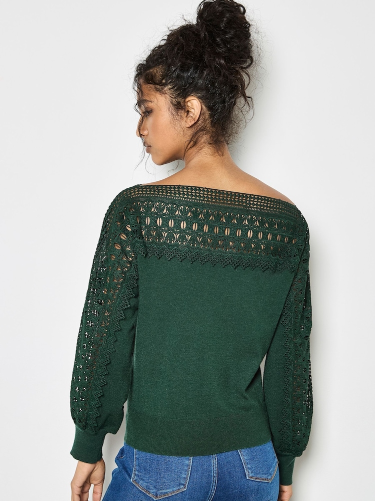 Apricot Green Lace Neck And Sleeve Detail Jumper - Image 4 of 4 Apricot Green Lace Neck And Sleeve Detail Jumper - Image 4 of 4