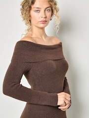 Marrón - Apricot Fuzzy Ribbed Bardot Midaxi Dress - Imagen 2 de 4