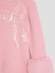River Island Pink Girls Fur Cuff Knitted Bow Dress - Image 3 of 4