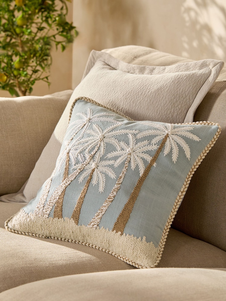 Blue 43 x 43cm Embroidered Coastal Palm Cushion - Image 1 of 3
