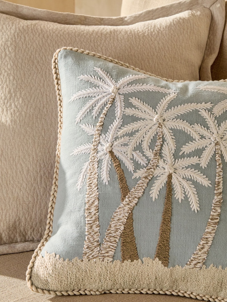 Blue 43 x 43cm Embroidered Coastal Palm Cushion - Image 2 of 3