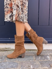 Novo Brown Wide Fit Joany Block Heel Slouch Ruched Ankle Boots - Image 1 of 1