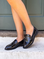 Novo Black Chrome Wide Fit Carmella Stud Detail Loafers - Image 1 of 6