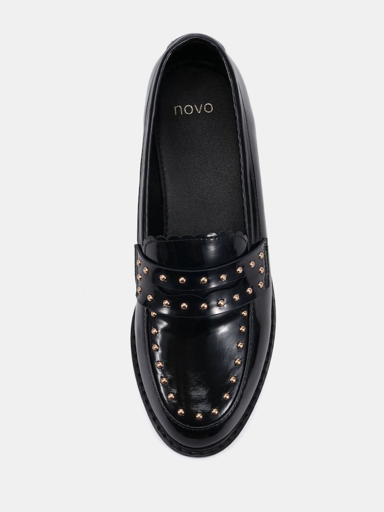 Novo Black Chrome Wide Fit Carmella Stud Detail Loafers - Image 6 of 6 Novo Black Chrome Wide Fit Carmella Stud Detail Loafers - Image 6 of 6