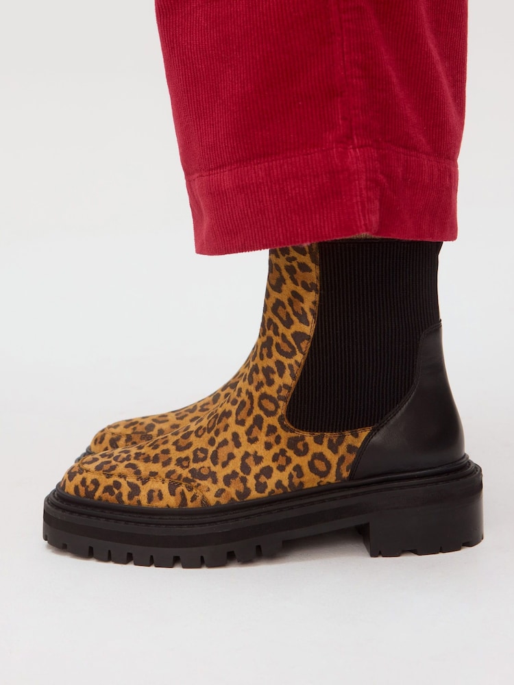 Oliver Bonas Brown Animal Print Suede Chunky Chelsea Boots - Image 1 of 7