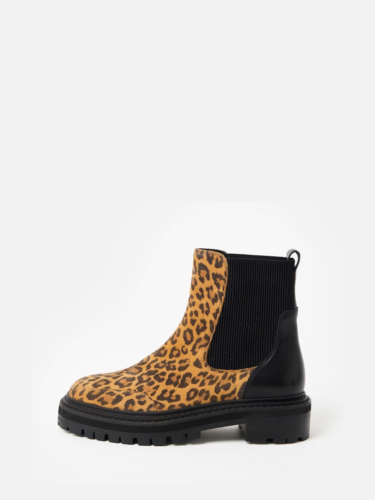 Oliver Bonas Brown Animal Print Suede Chunky Chelsea Boots - Image 2 of 7 Oliver Bonas Brown Animal Print Suede Chunky Chelsea Boots - Image 2 of 7