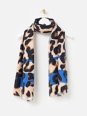 Oliver Bonas Brown Leopard Print & Blue Stripe Midweight Scarf - Image 1 of 5