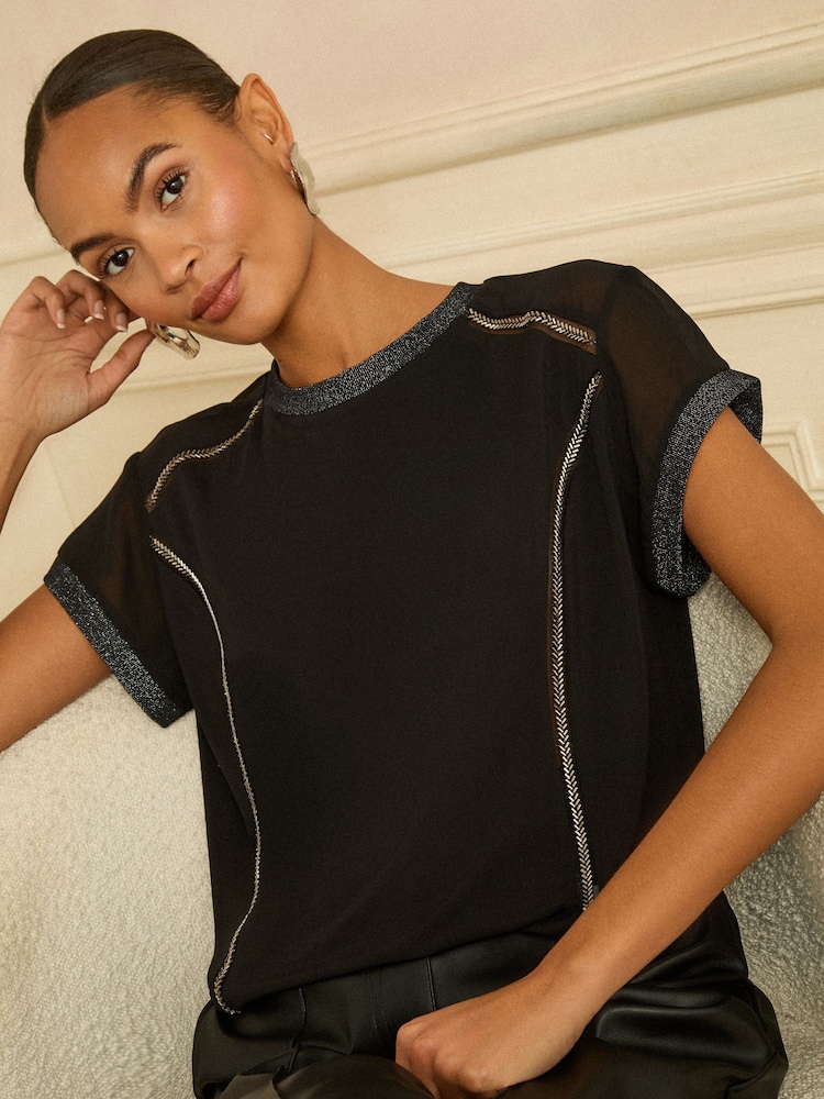 Love & Roses Black Beaded Trim Lurex Neck Chiffon Front Jersey Top - Image 2 of 4 Love & Roses Black Beaded Trim Lurex Neck Chiffon Front Jersey Top - Image 2 of 4