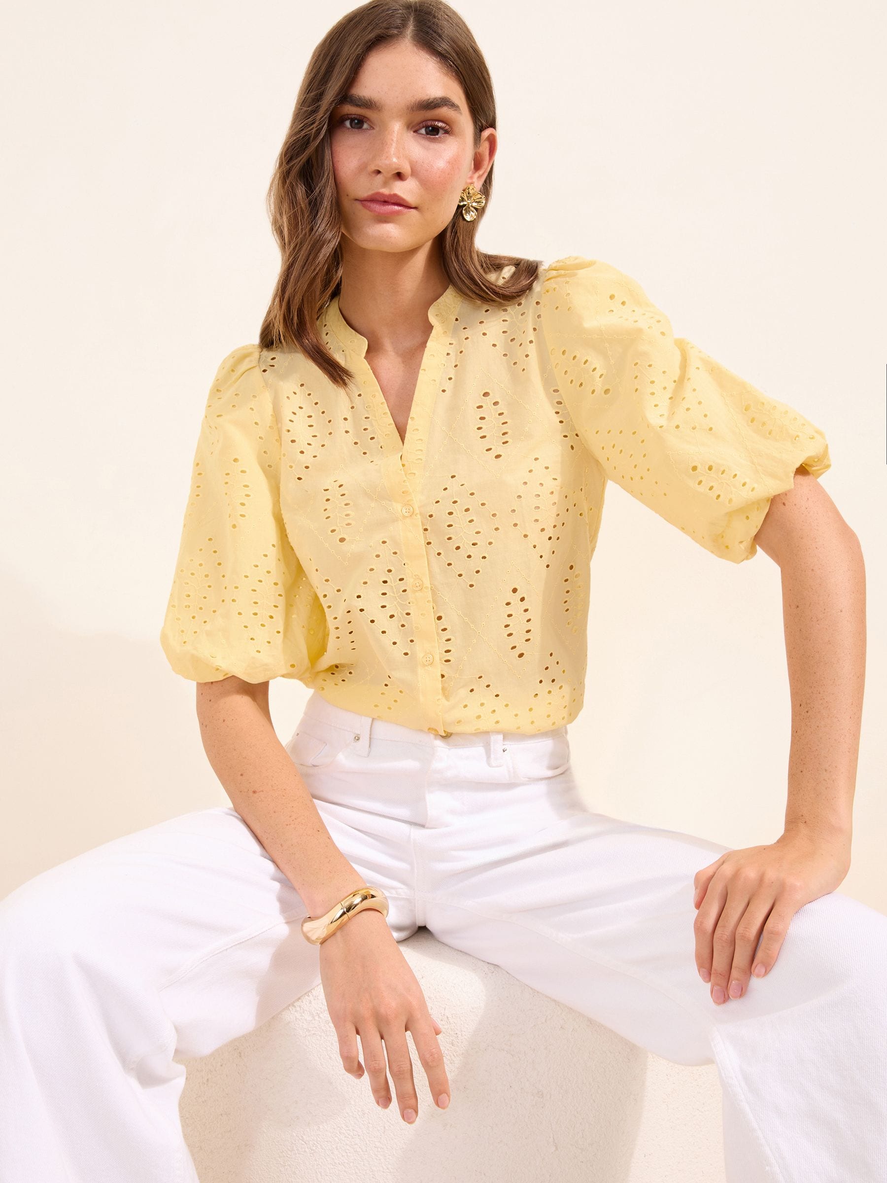 Buy Friends Like These Lemon Broderie Short Puff Sleeve Blouse