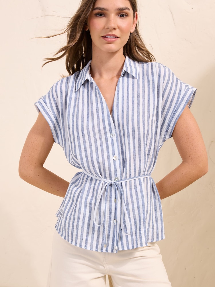 Friends Like These Blue Stripe Short Sleeve Tie Waist Shirt - Image 1 of 5