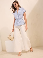 Friends Like These Blue Stripe Short Sleeve Tie Waist Shirt - Image 2 of 5