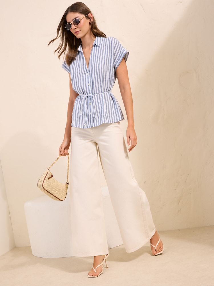 Friends Like These Blue Stripe Short Sleeve Tie Waist Shirt - Image 2 of 5