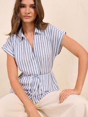 Friends Like These Blue Stripe Short Sleeve Tie Waist Shirt - Image 4 of 5