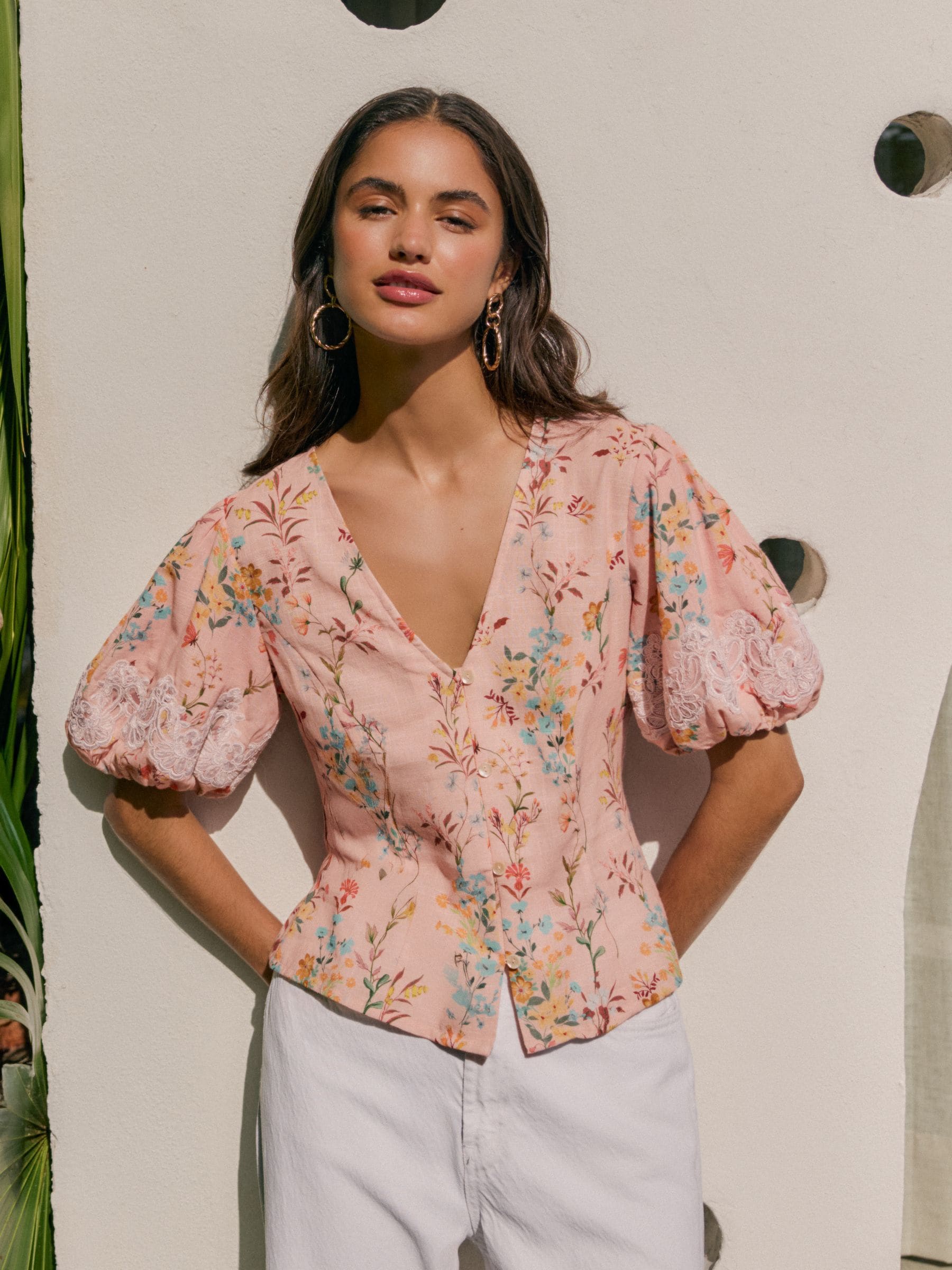 Buy Friends Like These Pink Floral Short Sleeve Lace Trim Blouse