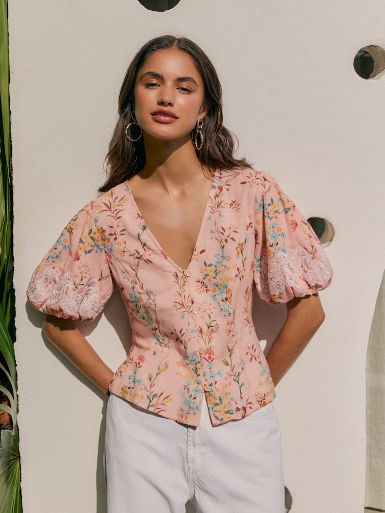 Friends Like These Pink Floral Short Sleeve Lace Trim Blouse - Image 1 of 4