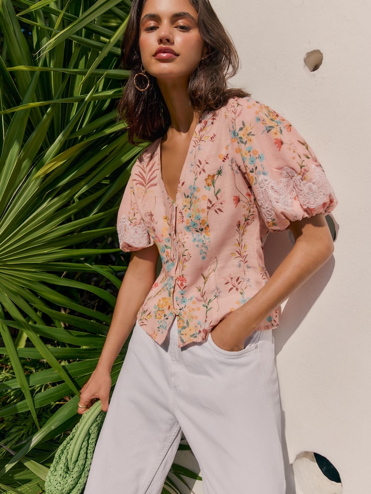 Friends Like These Pink Floral Short Sleeve Lace Trim Blouse - Image 2 of 4