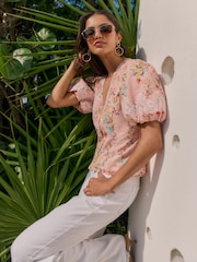 Friends Like These Pink Floral Short Sleeve Lace Trim Blouse - Image 4 of 4