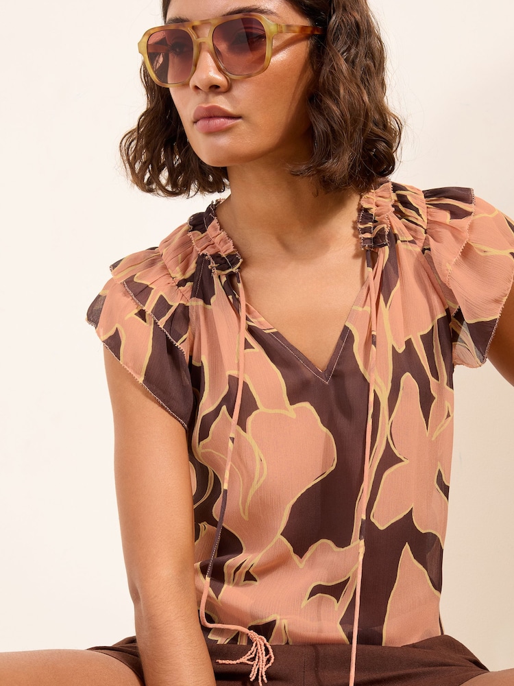 Friends Like These Chocolate Printed Ruffle Sleeve Blouse With Bead Detail Ties - Image 1 of 6
