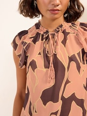 Friends Like These Chocolate Printed Ruffle Sleeve Blouse With Bead Detail Ties - Image 2 of 6