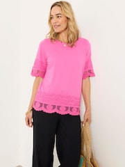FatFace Chloe Pink Crochet Detail T-Shirt - Image 1 of 6