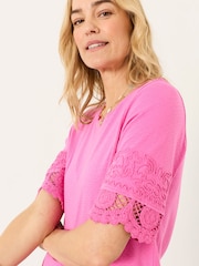 FatFace Chloe Pink Crochet Detail T-Shirt - Image 2 of 6
