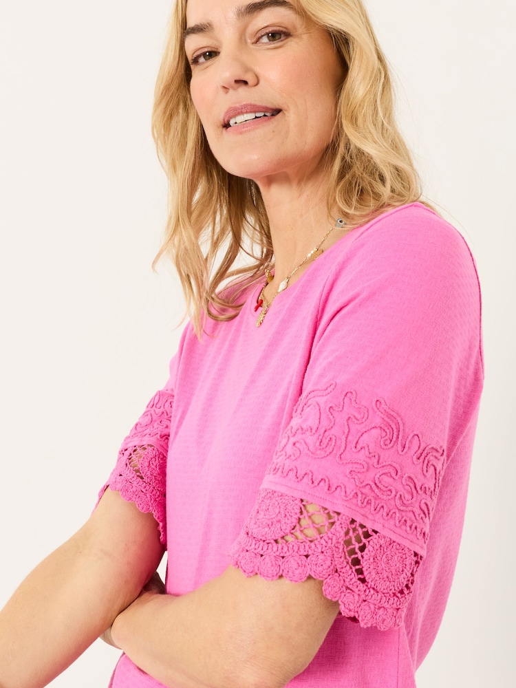 FatFace Chloe Pink Crochet Detail T-Shirt - Image 2 of 6