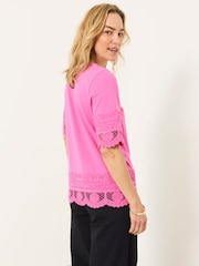 FatFace Chloe Pink Crochet Detail T-Shirt - Image 3 of 6