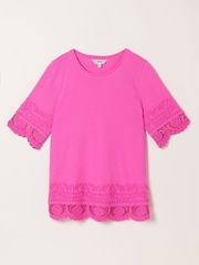 FatFace Chloe Pink Crochet Detail T-Shirt - Image 6 of 6