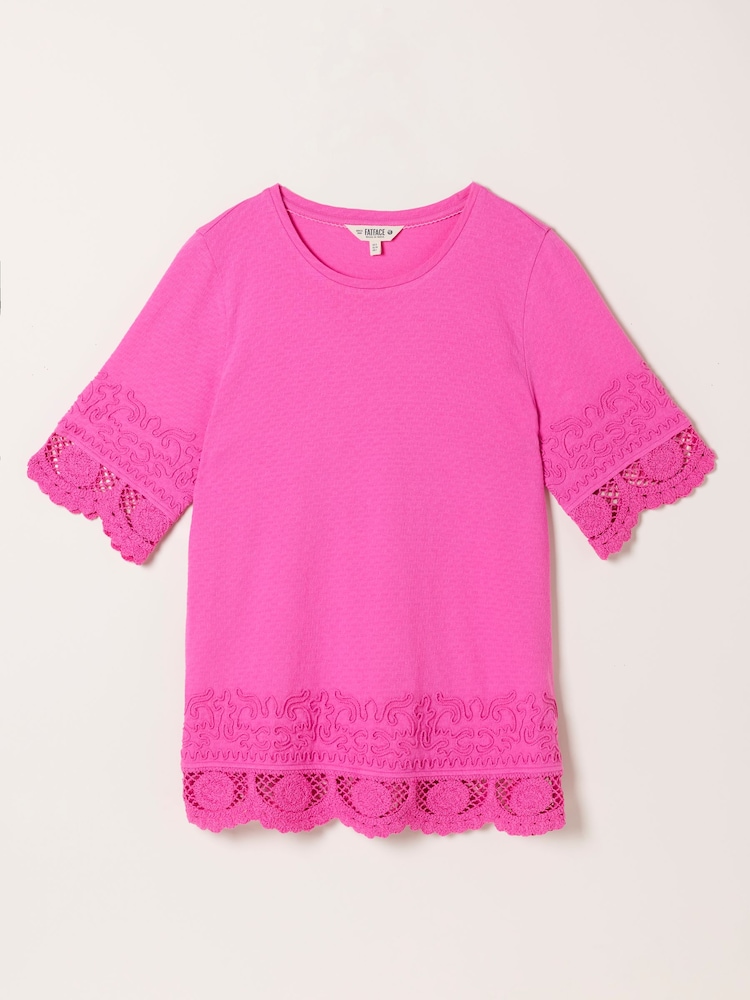 FatFace Chloe Pink Crochet Detail T-Shirt - Image 6 of 6