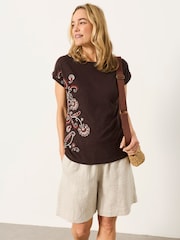 FatFace Ivy Chocolate Brown Floral Embroidered T-Shirt - Image 1 of 5