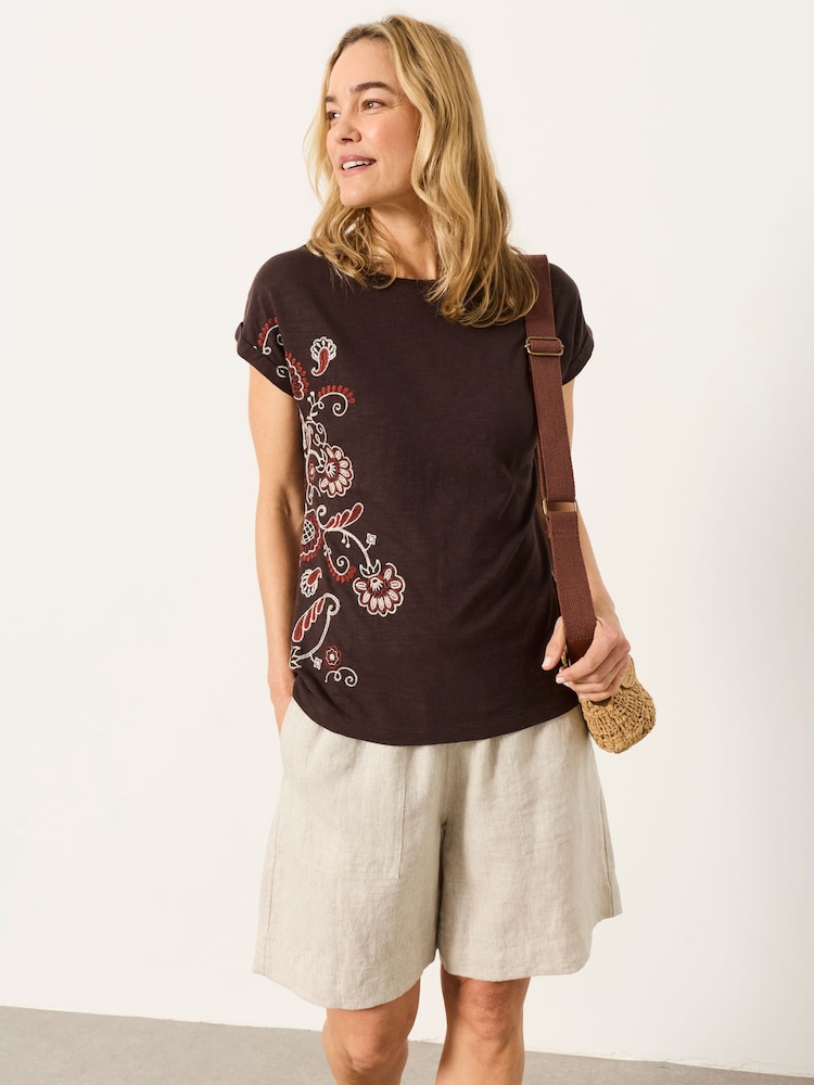 FatFace Ivy Chocolate Brown Floral Embroidered T-Shirt - Image 1 of 5