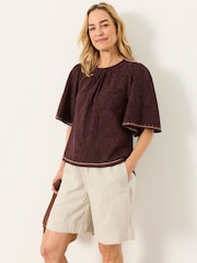 FatFace Faye Chocolate Brown Flutter Sleeve Top - Image 2 of 5