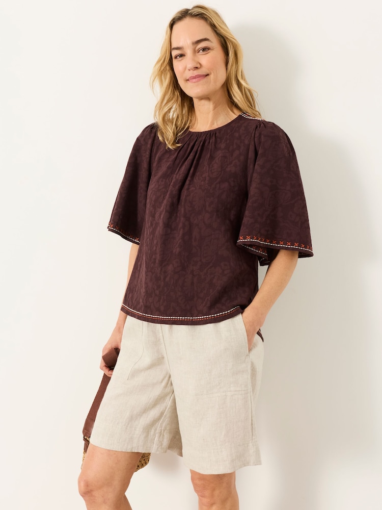 FatFace Faye Chocolate Brown Flutter Sleeve Top - Image 2 of 5