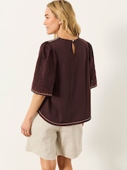 FatFace Faye Chocolate Brown Flutter Sleeve Top - Image 3 of 5