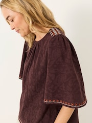 FatFace Faye Chocolate Brown Flutter Sleeve Top - Image 4 of 5
