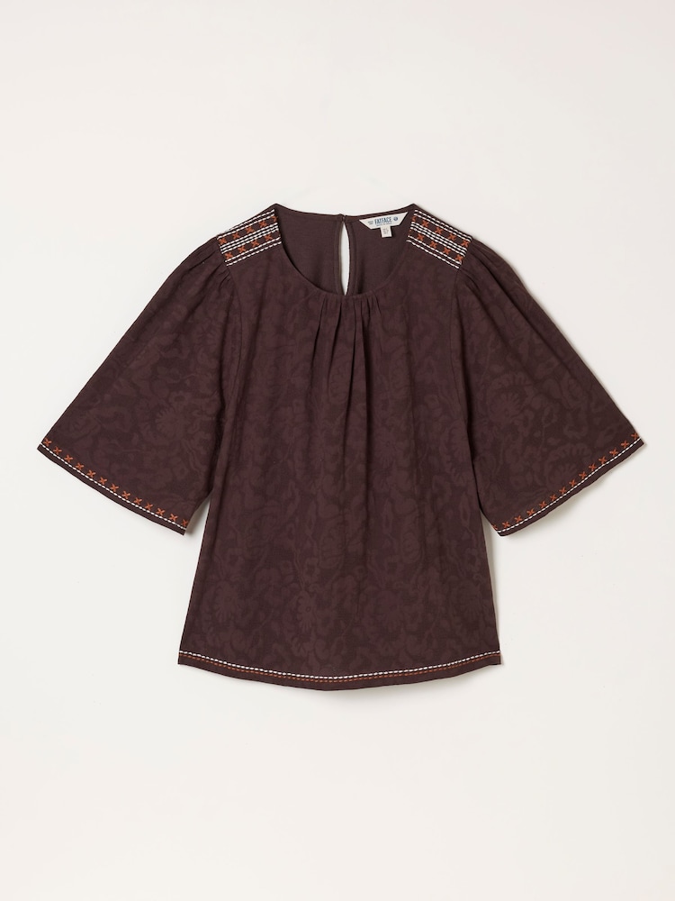 FatFace Faye Chocolate Brown Flutter Sleeve Top - Image 5 of 5