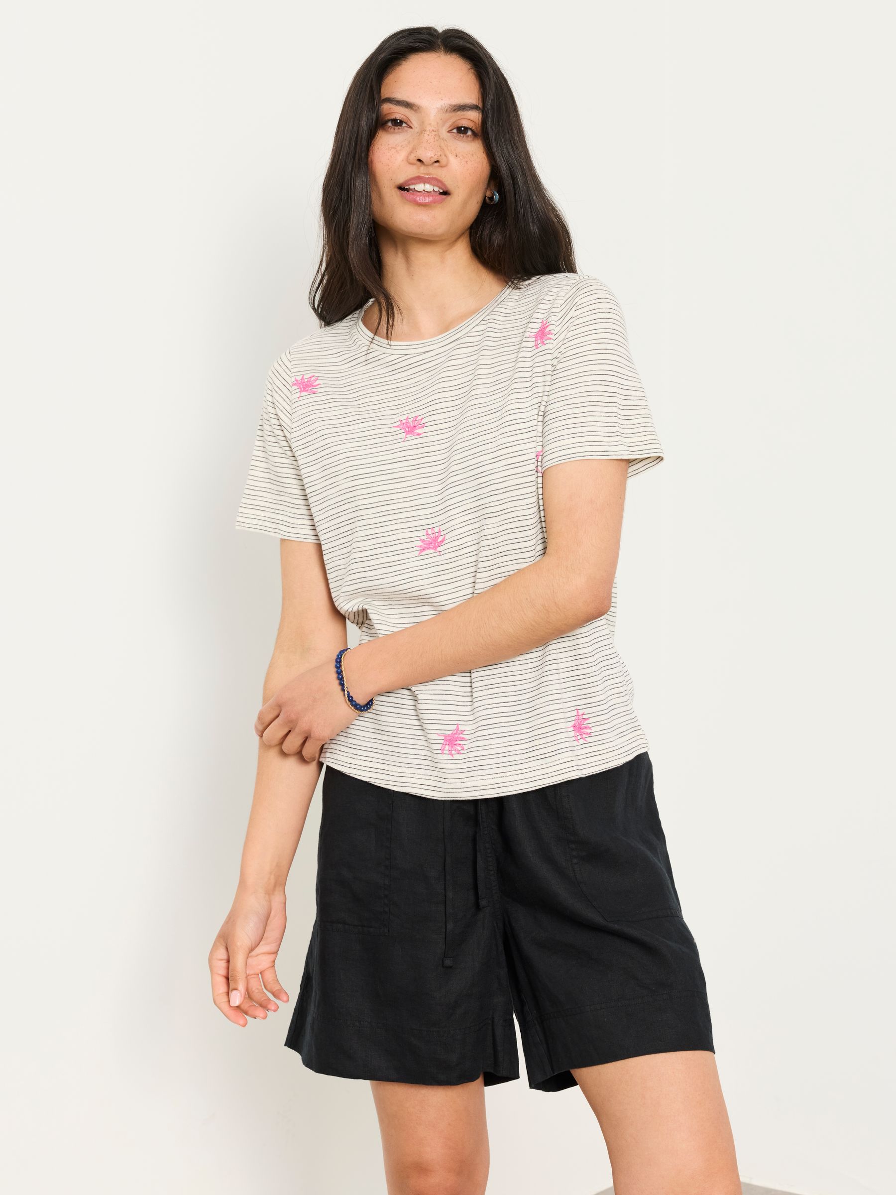 Fat Face Fatface Ivory Stripe Embroidered Flower T-shirt