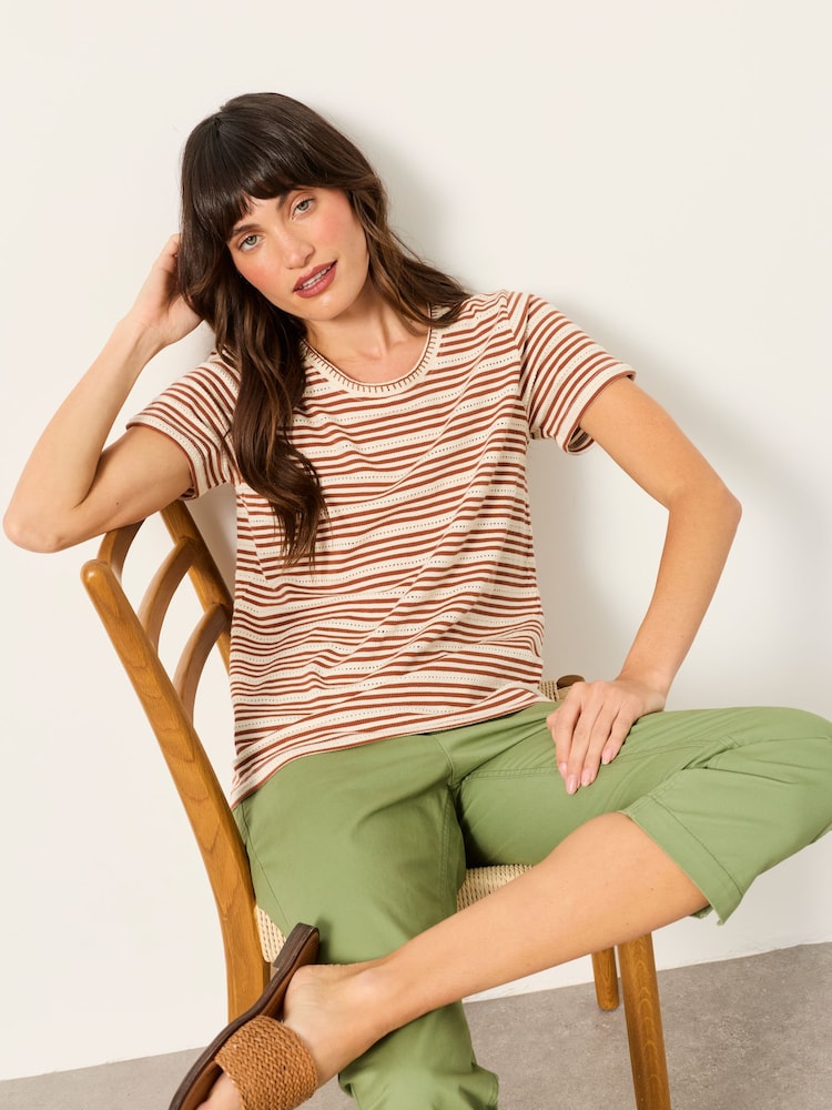 FatFace Natalie Chestnut Brown Textured Stripe T-Shirt - Image 5 of 5