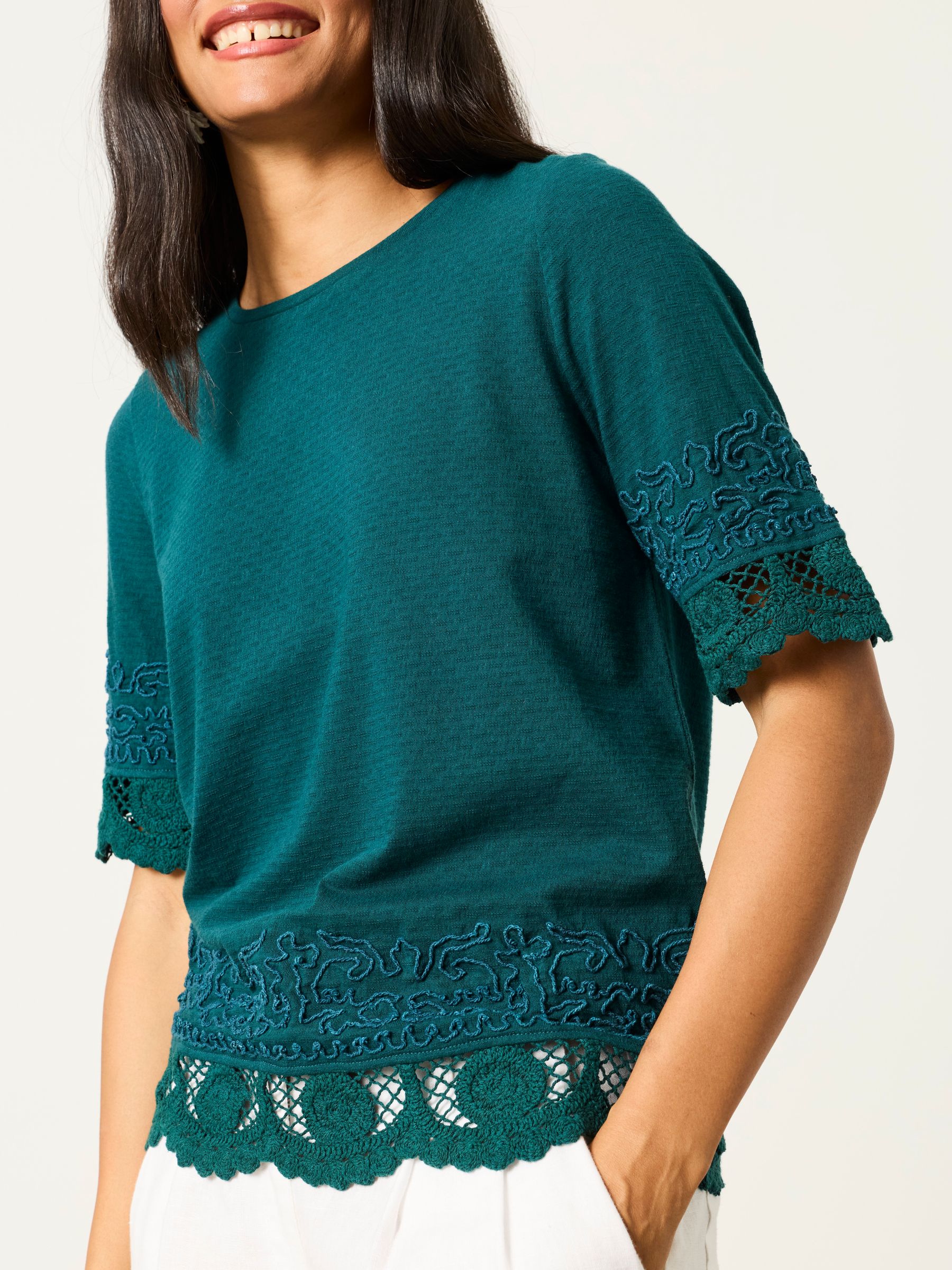 Fat Face Fatface Chloe Teal Blue Crochet Detail T-shirt