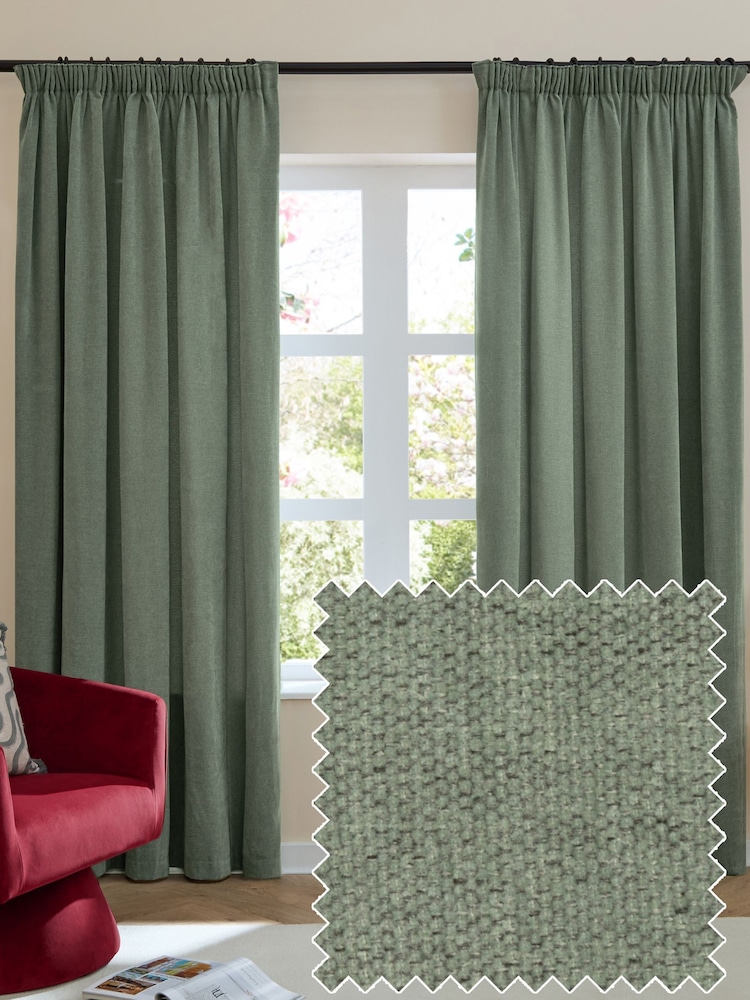 Furn Green Soft Chenille 100% Blackout Pencil Pleat Curtains - Image 1 of 8